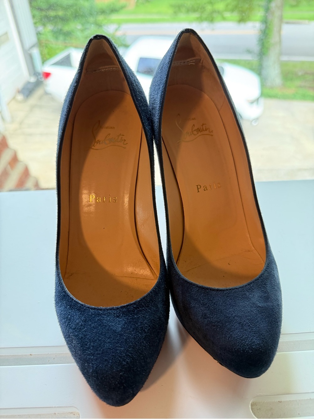 Christian Louboutin Navy Suede Pointed-Toe Pumps